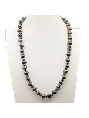 Vintage Floral Decorated Glass Beaded Pendant Necklace Hand Painted Tribal Estat